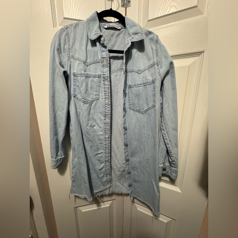 Distressed hem Light Blue Denim Shirt Dress from Zara